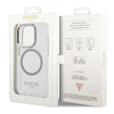 Przezroczyste etui Guess Outline Silver z MagSafe do iPhone 14 Pro Max w białym opakowaniu z logo marki, widok na przód i tył pudełka z ikonami funkcji.