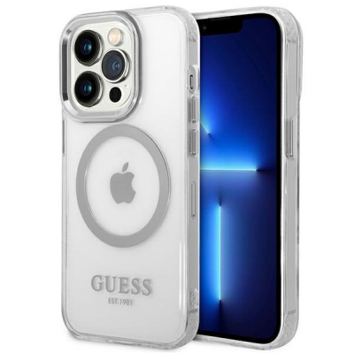 Przezroczyste etui Guess Outline z MagSafe do iPhone 14 Pro Max, prezentujące srebrny pierścień magnetyczny, logo marki oraz potrójny moduł aparatu telefonu.