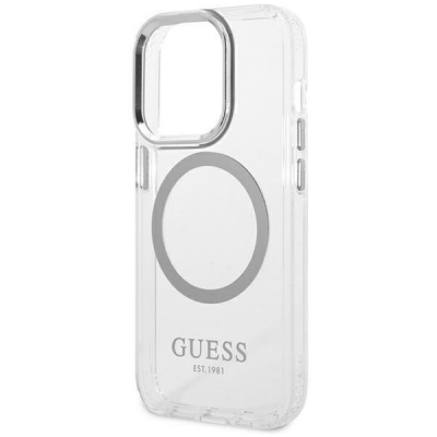 Przezroczyste etui Guess Outline Silver z wbudowanym pierścieniem MagSafe do iPhone 14 Pro Max, widoczne z wycięciem na aparat i srebrnym logo marki.
