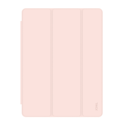 Różowe etui JCPAL DuraPro do iPad Pro 11 5. generacji, widok na tylną część z wycięciem na wyspę aparatów oraz bocznym panelem na akcesoria.