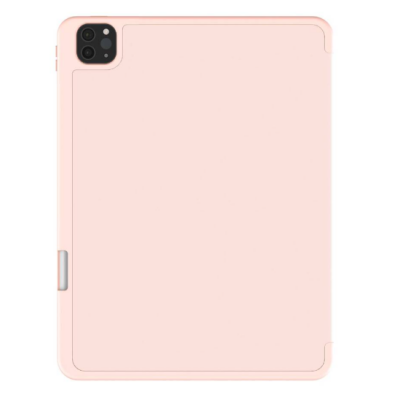 Różowe etui JCPAL DuraPro do iPad Pro 11 5. generacji, widok na tylną część z wycięciem na wyspę aparatów oraz bocznym panelem na akcesoria.