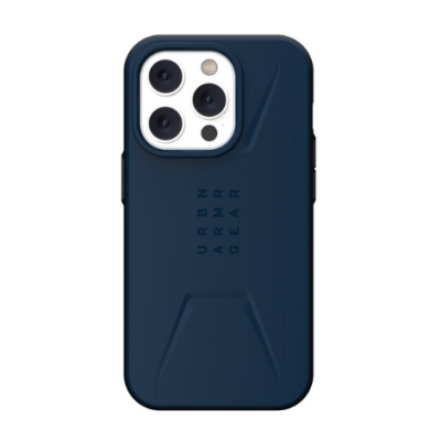 Granatowe etui UAG Civilian z obsługą MagSafe do iPhone 14 Pro, widok na plecki z charakterystycznym logo marki oraz potrójną wyspę aparatów w rogu.