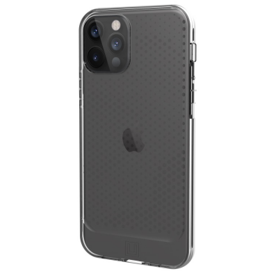 Przezroczyste etui UAG Lucent w kolorze ICE do iPhone 12 oraz 12 Pro z widocznym wzorem kropek na pleckach, wycięciem na wyspę aparatów i logo marki na dole.