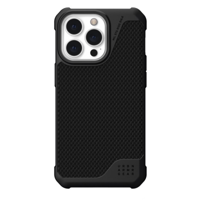 Czarne etui UAG Metropolis z MagSafe do iPhone 14 Pro o teksturowanej powierzchni, z widoczną wyspą aparatów i napisem MIL STD 810G 516.6 oraz logo UAG.