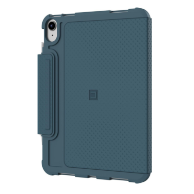 Granatowe etui UAG Metropolis SE do iPada 10.9 10. generacji z teksturowaną powierzchnią, widocznym aparatem oraz zintegrowanym uchwytem na rysik Apple Pencil.