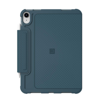Granatowe etui UAG Metropolis SE do iPada 10.9 10. generacji z teksturowaną powierzchnią, widocznym aparatem oraz zintegrowanym uchwytem na rysik Apple Pencil.