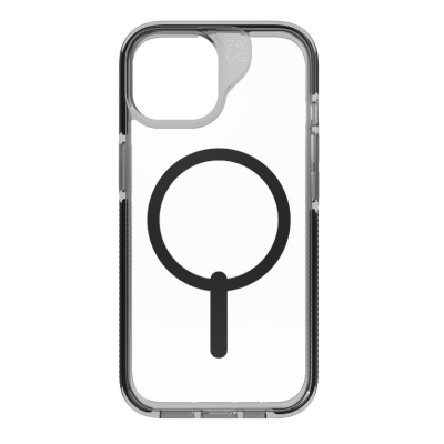 Przezroczyste etui ZAGG Santa Cruz Snap do iPhone 15 z czarnym pierścieniem magnetycznym MagSafe oraz charakterystycznym logo marki przy wyspie aparatów.