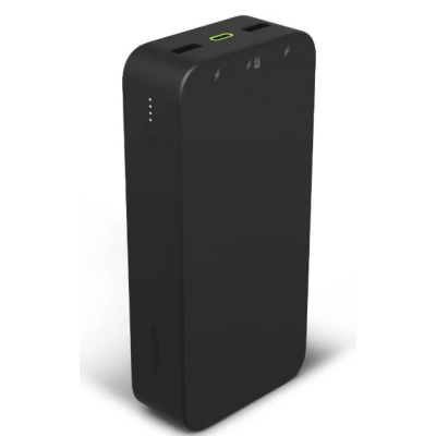 Czarny powerbank Mophie Powerstation z widocznym portem USB-C, dwoma portami USB-A, wskaźnikiem naładowania LED oraz ikonami ładowania na górnej obudowie.