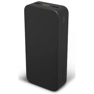 Czarny powerbank Mophie Powerstation z widocznym portem USB-C, dwoma portami USB-A, wskaźnikiem naładowania LED oraz ikonami ładowania na górnej obudowie.