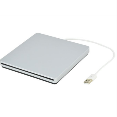 Srebrna obudowa kieszeń USB 2.0 na napęd DVD-RW z wbudowanym białym kablem zakończonym wtykiem USB, widoczna w ujęciu z góry na szczelinowy otwór napędu.