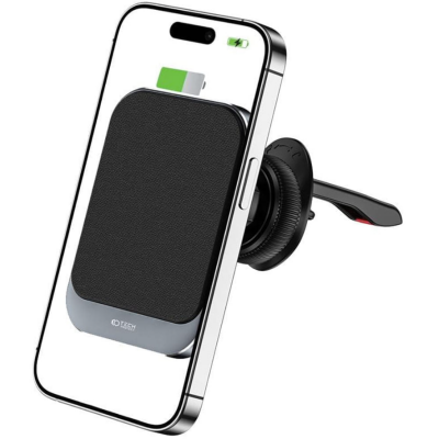 Czarny uchwyt samochodowy Tech-Protect MM15W-V2 z magnetyczną powierzchnią ładującą, mocowany do kratki nawiewu, z widocznym logo marki na froncie.
