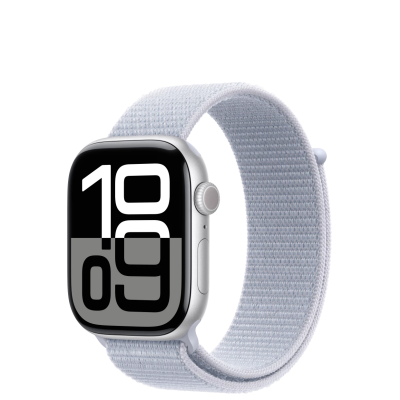 Apple Watch S10 46mm aluminium w kolorze srebrnym z opaską sportową w kolorze błękitnego obłoku