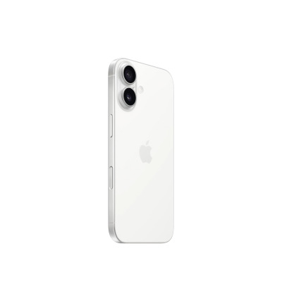 Apple iPhone 16 w kolorze białym, widok z tyłu pod kątem prezentujący pionowy układ dwóch obiektywów aparatu oraz logo Apple na środku obudowy.