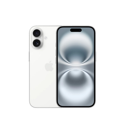 Apple iPhone 16 w kolorze białym, prezentowany jednocześnie od strony plecków z pionowym układem dwóch obiektywów oraz od frontu z widocznym ekranem.