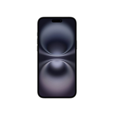 Apple iPhone 16 Plus w kolorze czarnym, widok od przodu na włączony ekran z ciemną, abstrakcyjną tapetą oraz charakterystycznym wcięciem Dynamic Island.