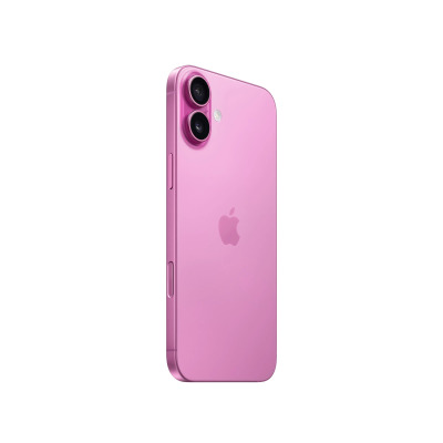 Różowy smartfon Apple iPhone 16 Plus widziany z profilu, prezentujący smukłą obudowę, przyciski boczne oraz charakterystyczną pionową wyspę aparatów.
