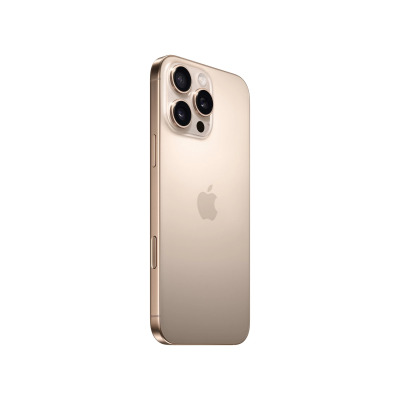 Apple iPhone 16 Pro Max w kolorze tytan pustynny, widok na tylną obudowę z charakterystyczną wyspą trzech aparatów oraz logo Apple na środku panelu.
