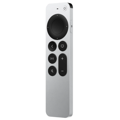 Srebrny pilot Apple TV z czarnym panelem sterowania, okrągłym przyciskiem nawigacyjnym, przyciskami głośności, wyciszania oraz włącznikiem w prawym górnym rogu.