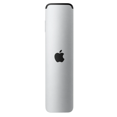 Srebrny pilot do Apple TV z czarnym panelem dotykowym na górze oraz wyraźnym logo Apple umieszczonym centralnie na aluminiowej obudowie, widok z przodu.