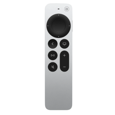 Srebrny pilot Apple TV z czarnym panelem sterowania, okrągłym przyciskiem nawigacyjnym, przyciskami głośności, wyciszania oraz włącznikiem w prawym górnym rogu.