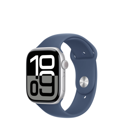 Apple Watch Series 10 46mm w srebrnej kopercie z aluminium i niebieskim paskiem sportowym denim, widok z boku na cyfrową tarczę z godziną 10:09.