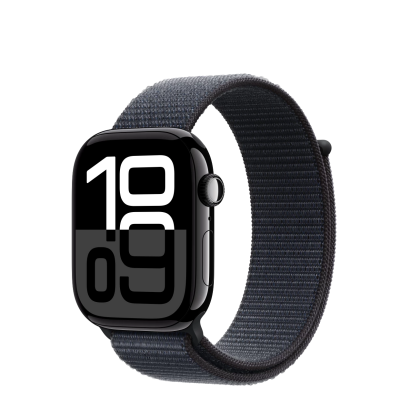 Apple Watch Series 10 46mm w kolorze onyks z atramentową opaską sportową, widoczny pod kątem z włączonym wyświetlaczem pokazującym godzinę 10:09.