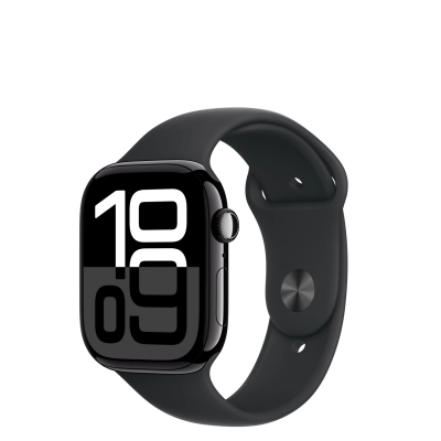 Apple Watch Series 10 42mm z kopertą z aluminium w kolorze onyks i czarnym paskiem sportowym, widok z boku na tarczę z godziną 10:09 oraz cyfrową koronkę.