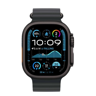 Apple Watch Ultra 2 w kolorze czarnego tytanu z aktywną tarczą typu Modular Ultra, prezentującą dane pogodowe, kompas oraz godzinę 10:09 na czarnym pasku.