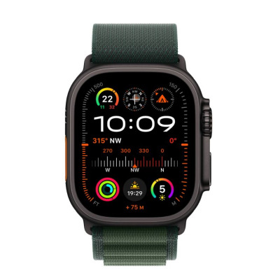 Apple Watch Ultra 2 w czarnej tytanowej kopercie 49 mm z ciemnozieloną opaską Alpine, prezentujący tarczę Modular Ultra z aktywnymi widżetami i godziną 10:09.