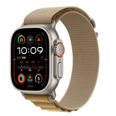 Apple Watch Ultra 2 w tytanowej kopercie 49 mm z beżową opaską Alpine, widok z profilu prezentujący cyfrową koronkę, przycisk czynności oraz tarczę z danymi.