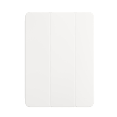 Białe etui Apple Smart Folio do iPad Air 4 i 5 generacji w widoku od frontu, prezentujące gładką, trójdzielną konstrukcję ochronną nałożoną na urządzenie.