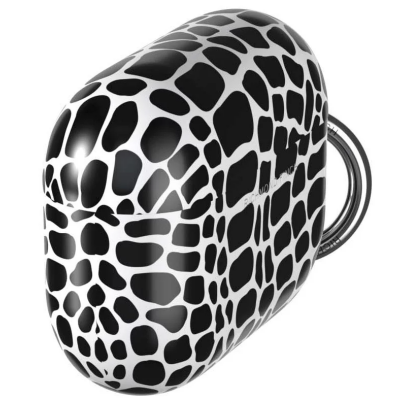 Etui Richmond Finch do AirPods Pro z czarno-białym wzorem skóry krokodyla, wyposażone w srebrny metalowy karabińczyk oraz widoczne logo marki na obudowie.