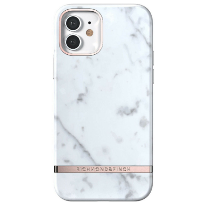 Etui Richmond Finch do iPhone 12 i 12 Pro z wzorem białego marmuru, różowozłotą ramką wokół aparatów oraz metalową listwą z logo marki u dołu obudowy.