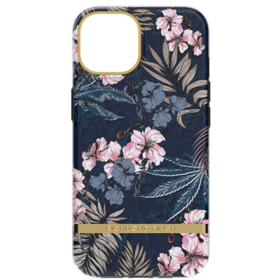 Etui Richmond Finch Floral Jungle do iPhone 14 z motywem różowych kwiatów i liści na granatowym tle, ze złotą ramką aparatu oraz logo na złotej listwie.