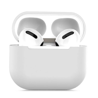 Białe etui ochronne Tech-Protect do słuchawek Apple AirPods 3, ukazane w widoku od przodu z otwartym wieczkiem i umieszczonymi wewnątrz słuchawkami.