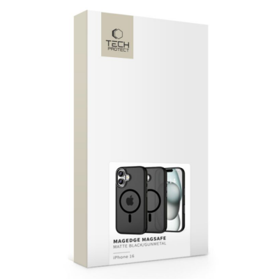 Czarne etui Tech-Protect MagEdge z MagSafe do iPhone 16, prezentujące tył z wyspą aparatów oraz widok smartfona z przodu z widocznym logo Tech-Protect.