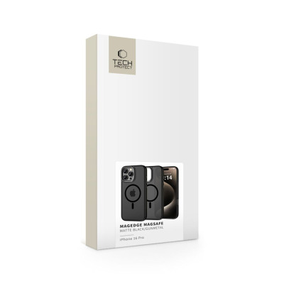Opakowanie etui Tech-Protect MagEdge MagSafe do iPhone 16 Pro w kolorze czarnym z widoczną grafiką produktu prezentującą tył obudowy oraz telefon.