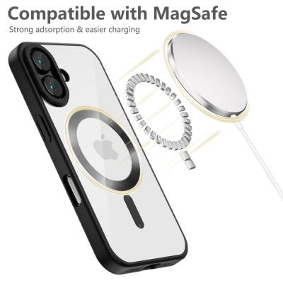 Etui Tech-Protect MagFlex do iPhone 16 w kolorze satin black z magnetycznym pierścieniem MagSafe, obok którego unosi się ładowarka z napisem Compatible with
