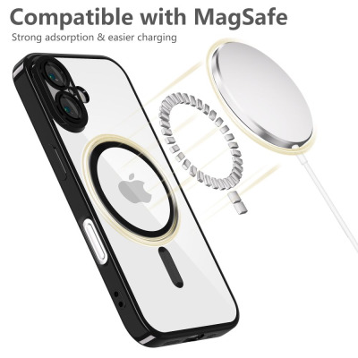 Przezroczyste etui Tech-Protect MagFlex do iPhone 16 w kolorze shiny black z widocznym pierścieniem MagSafe oraz ładowarką indukcyjną w trakcie łączenia.