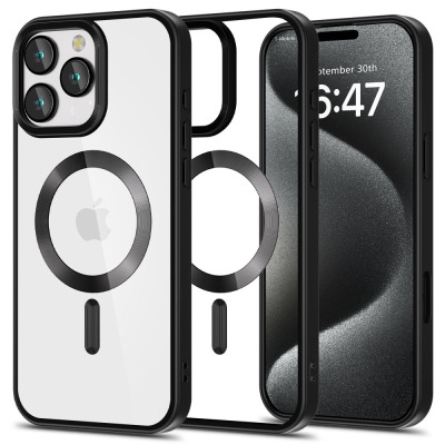 Przezroczyste etui Tech-Protect MagFlex z czarną ramką do iPhone 16 Pro, prezentujące magnetyczny pierścień MagSafe oraz widok telefonu z ekranem 6:47.