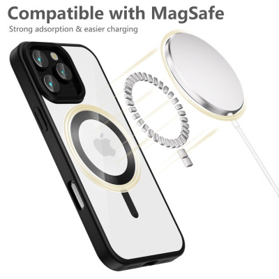 Etui Tech-Protect MagFlex do iPhone 16 Pro w kolorze satin black z widocznym pierścieniem magnetycznym MagSafe oraz ładowarką zbliżającą się do obudowy.