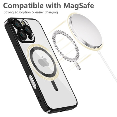 Przezroczyste etui Tech-Protect MagFlex do iPhone 16 Pro w kolorze shiny black z widocznym pierścieniem magnetycznym MagSafe oraz ładowarką indukcyjną.
