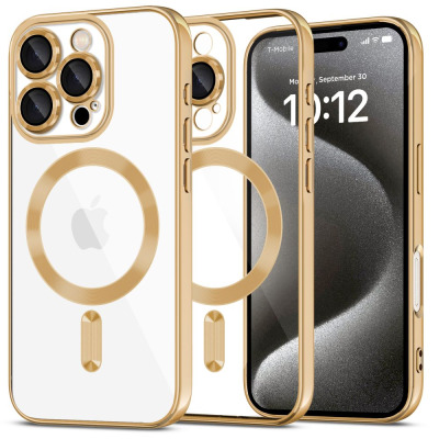 Przezroczyste etui Tech-Protect MagFlex z magnetycznym pierścieniem MagSafe w kolorze shiny gold do iPhone 16 Pro Max, ukazujące tył oraz profil telefonu.