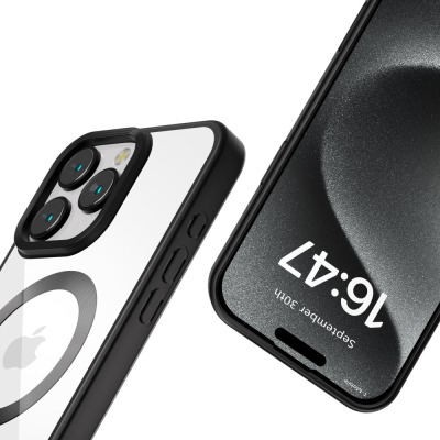 Przezroczyste etui Tech-Protect MagFlex z czarną ramką do iPhone 16 Pro, prezentujące magnetyczny pierścień MagSafe oraz widok telefonu z ekranem 6:47.