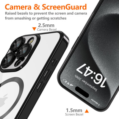 Przezroczyste etui Tech-Protect MagFlex do iPhone 16 Pro z czarną ramką, prezentujące podwyższone ramki 2,5 mm przy aparacie i 1,5 mm przy ekranie.