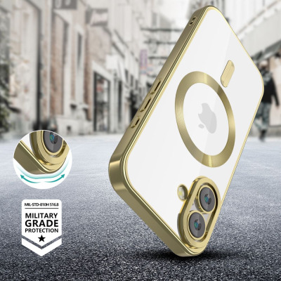 Przezroczyste etui Tech-Protect MagFlex w kolorze satin gold do iPhone 16 z magnetycznym pierścieniem MagSafe, widoczną wyspą aparatów i certyfikatem MIL-STD.