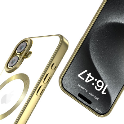 Przezroczyste etui Tech-Protect MagFlex z magnetycznym pierścieniem MagSafe w kolorze satin gold do iPhone 16, ukazujące tył obudowy oraz telefon z przodu.