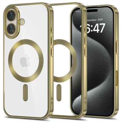 Przezroczyste etui Tech-Protect MagFlex z magnetycznym pierścieniem MagSafe w kolorze satin gold do iPhone 16, ukazujące tył obudowy oraz telefon z przodu.