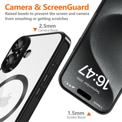 Przezroczyste etui Tech-Protect MagFlex do iPhone 16 z czarną ramką, ukazujące podniesione ranty 2,5 mm przy aparacie i 1,5 mm przy ekranie dla ochrony.