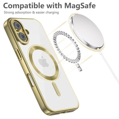 Etui Tech-Protect MagFlex do iPhone 16 w kolorze satin gold z widocznym pierścieniem magnetycznym MagSafe oraz ładowarką bezprzewodową w tle.